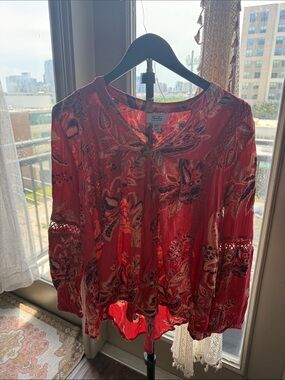 Vero Moda Red Paisley Tie-Neck Blouse with Crochet Detail